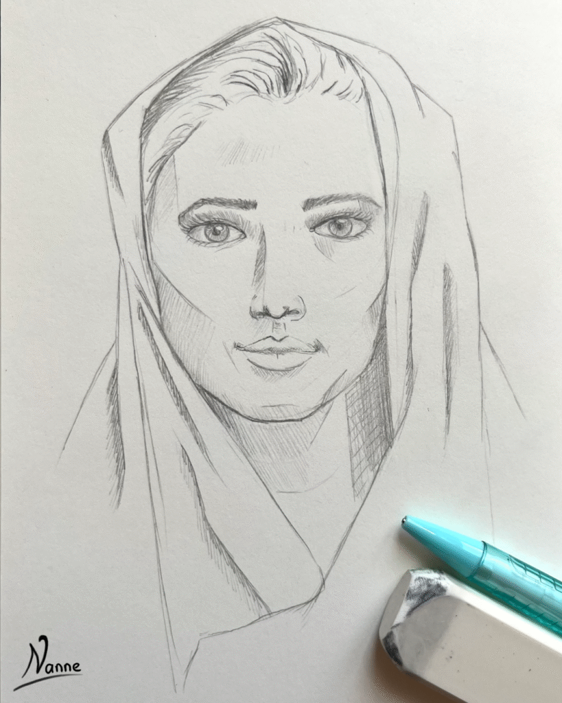 Portrait sketch of a woman in pencil.