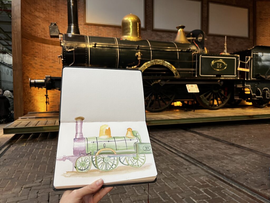 Watercolor painting of a train made in het Spoorwegmuseum (Railway museum)