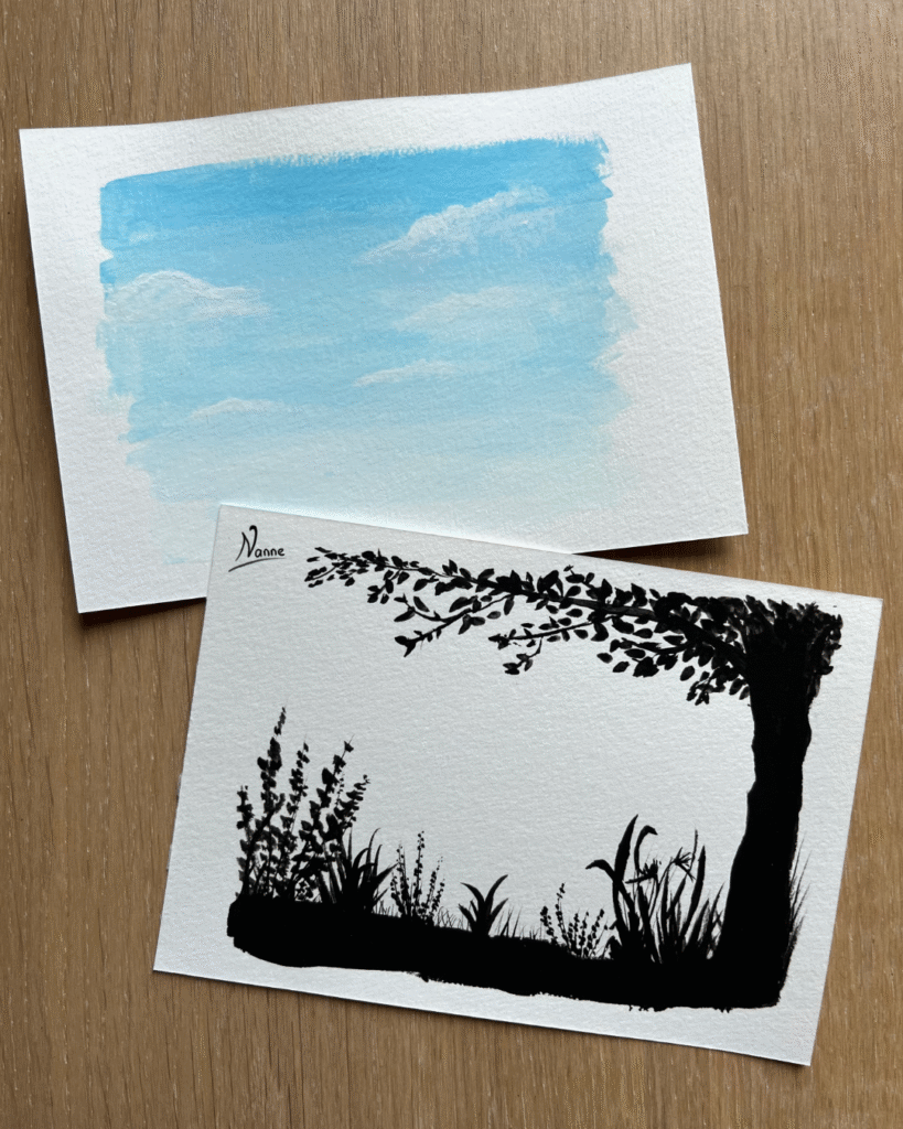 Painting of a sky and vegetation silhouette in gouache.