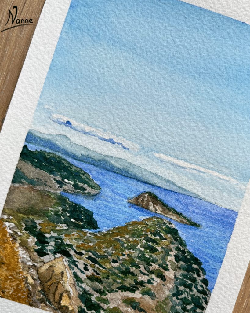 Watercolor painting of a sea landscape.